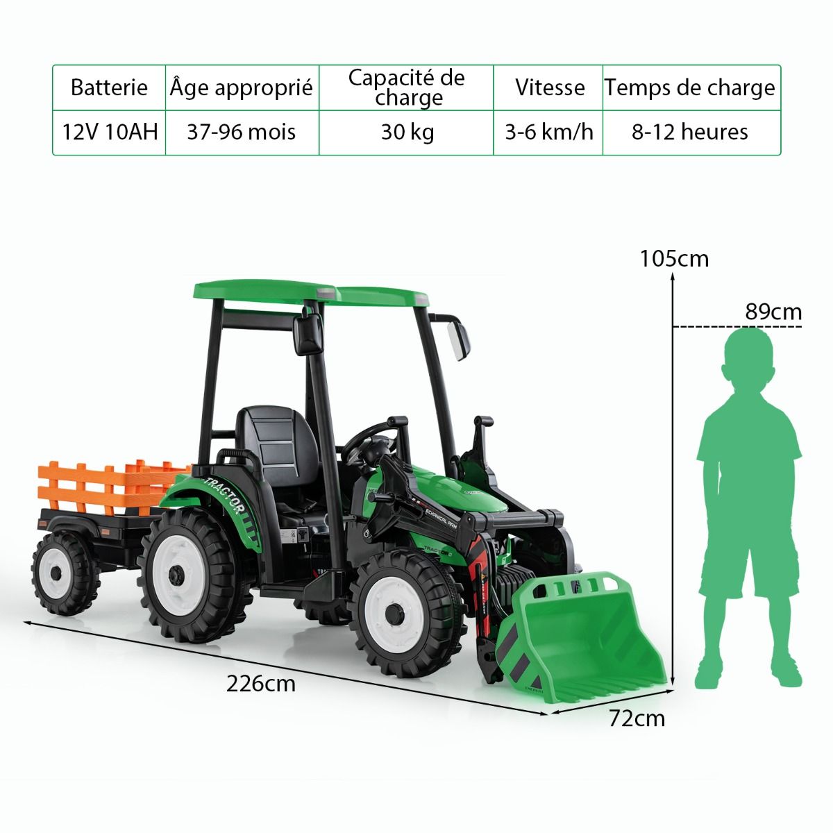 12V Electric Tractor for Children with Detachable Shovel & Trailer, 6-Wheel Electric Vehicle with Remote Control & Music, 3-6 km/h for Ages 3-8, Yellow/Green
