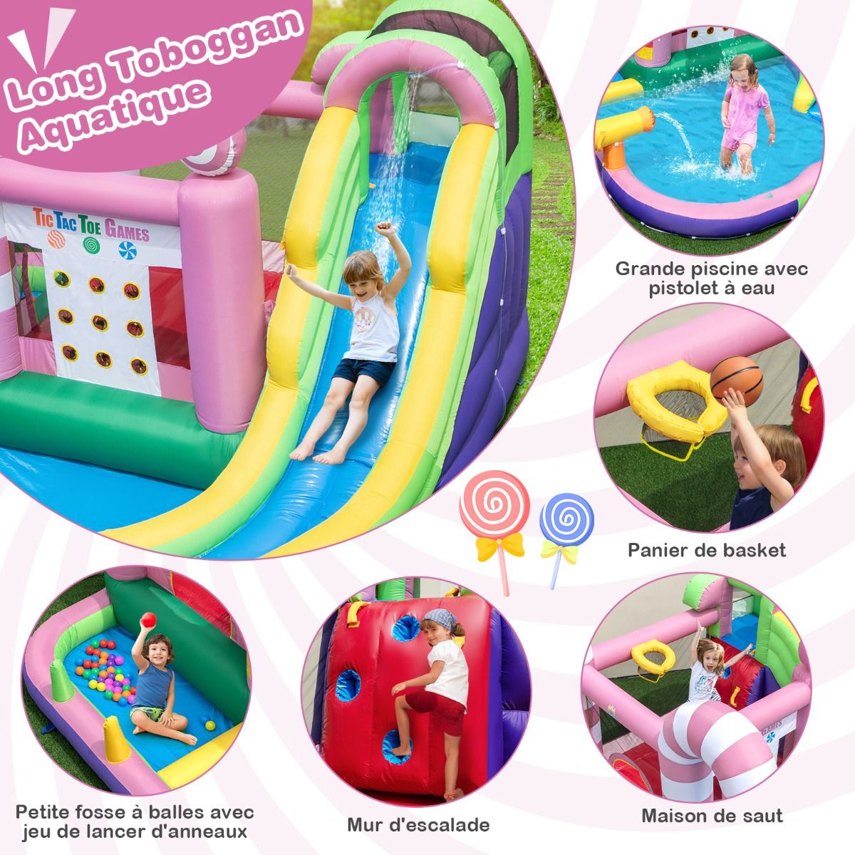 9-in-1 Candy-Shaped Inflatable Castle with Slide, Inflatable Jump House with Water Gun, 90kg Load Capacity for 2 Children Aged 3-10 Years -