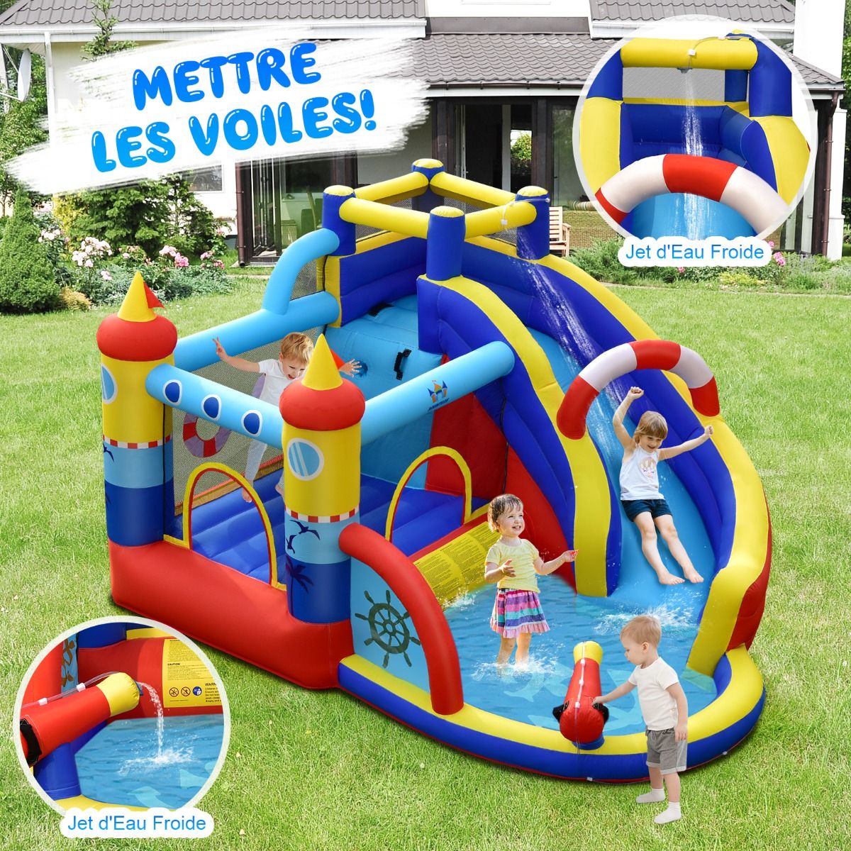 Inflatable Boat-Style Castle with Curved Slide, Jumping Area, Climbing Wall with 450W Inflator -