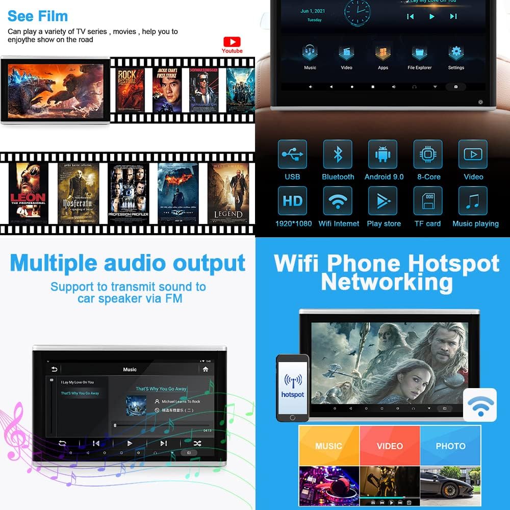 13.3-inch (1080p) HD car headrest video player, Android 9.0, with mounting bracket, IPS touchscreen, 2GB RAM + 32GB storage