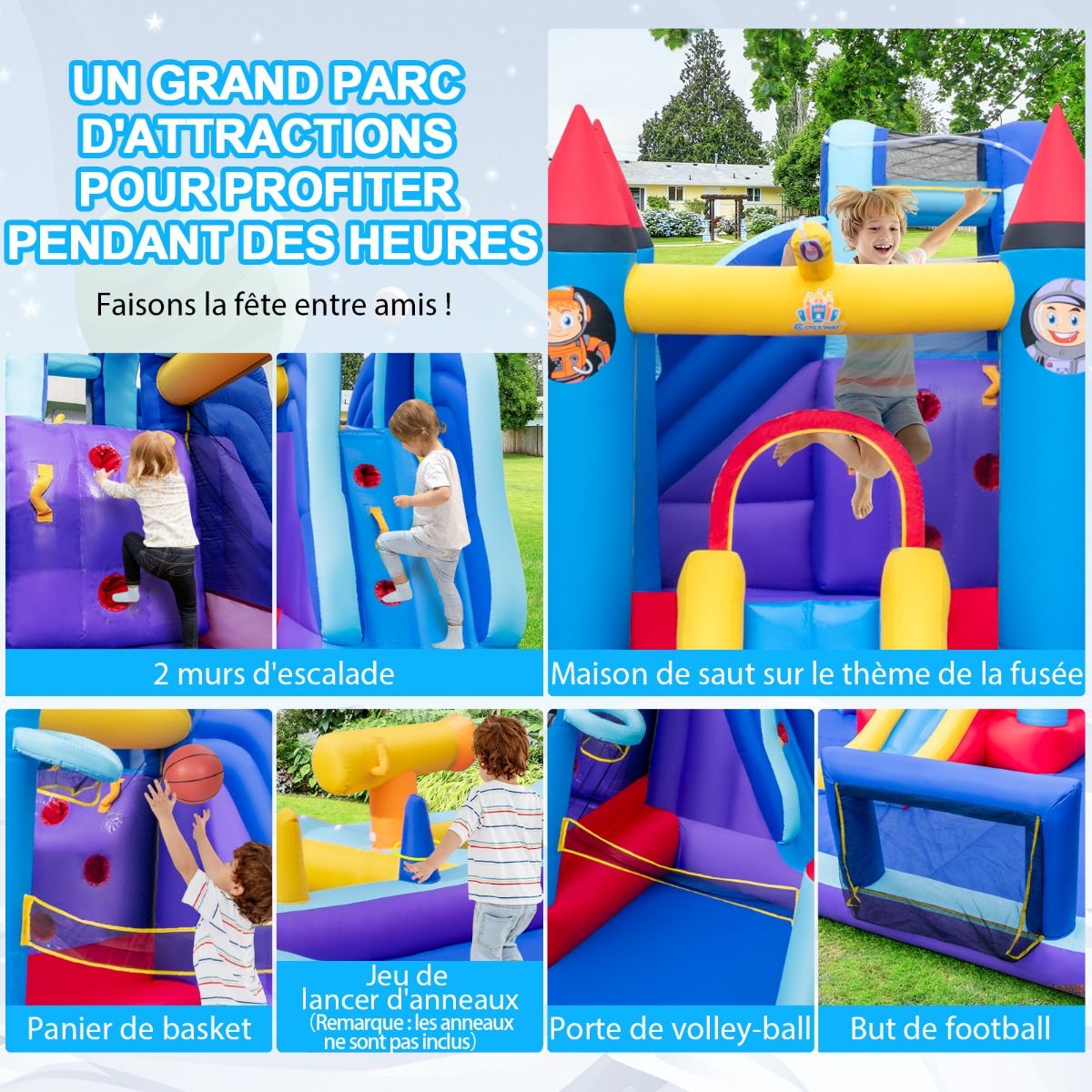 Inflatable Castle with Water Slides, Rocket Theme for Children, Swimming Pool, Jumping Area, Water Gun, Climbing Wall, 850W Blower, Multicoloured -