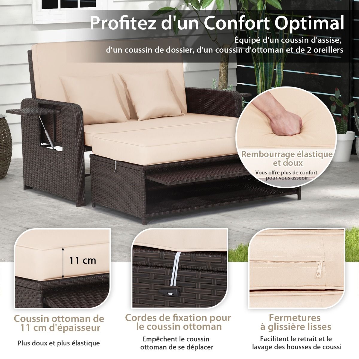 Adjustable Outdoor Garden Lounge Set with Bed, 2-Seater with Hidden Storage, 4-Level Adjustable Backrest in PE Rattan -