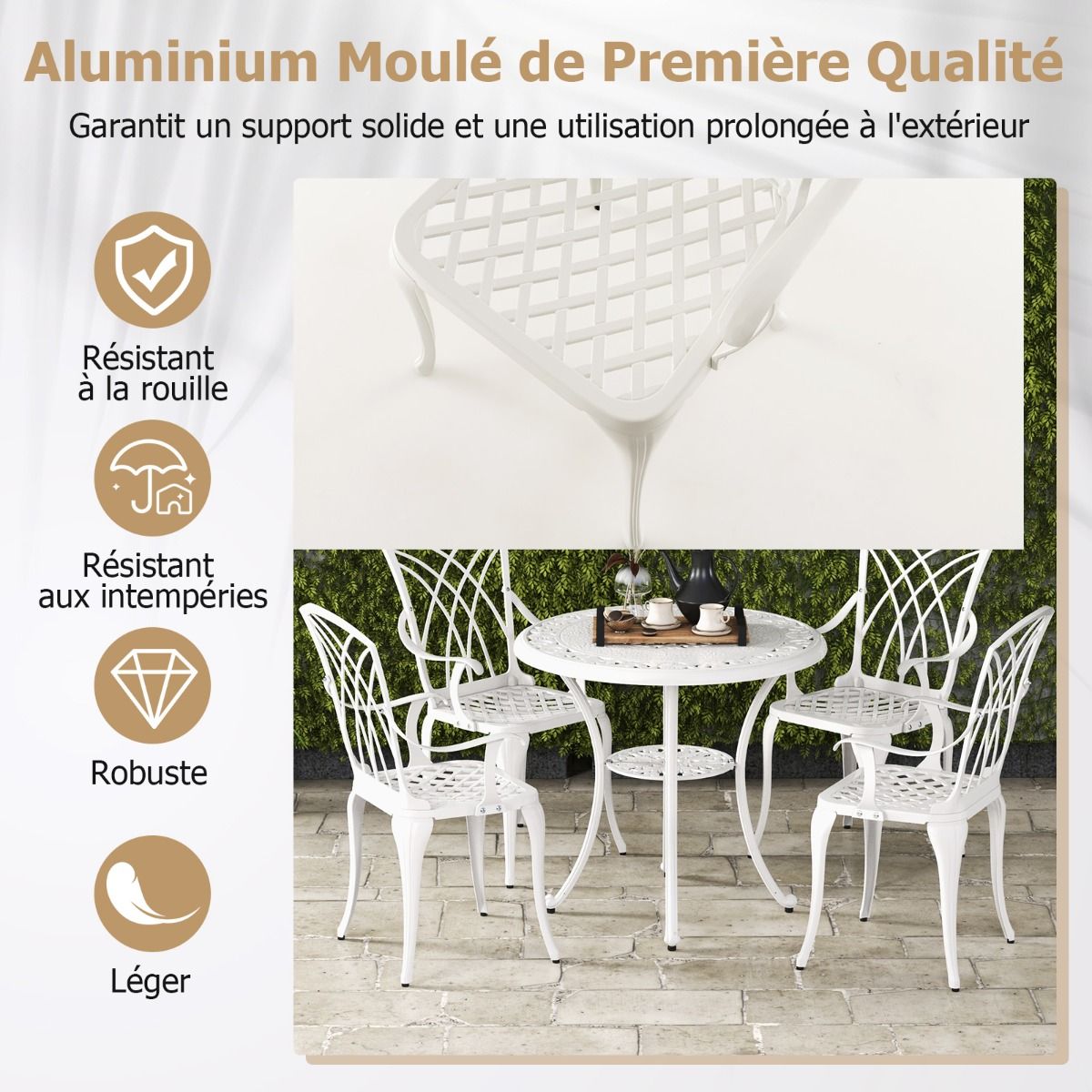5-Piece Cast Aluminum Garden Furniture Set with Parasol Holes, Adjustable Footrests, Round Table and 4 Chairs, White -