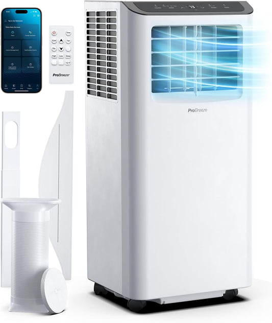 Pro Breeze 4-in-1 Portable Air Conditioner 9000 BTU - Powerful WiFi-compatible air conditioner with app - 24-hour timer, remote control and window kit included for bedroom, living room 22m2 [Energy Class A]