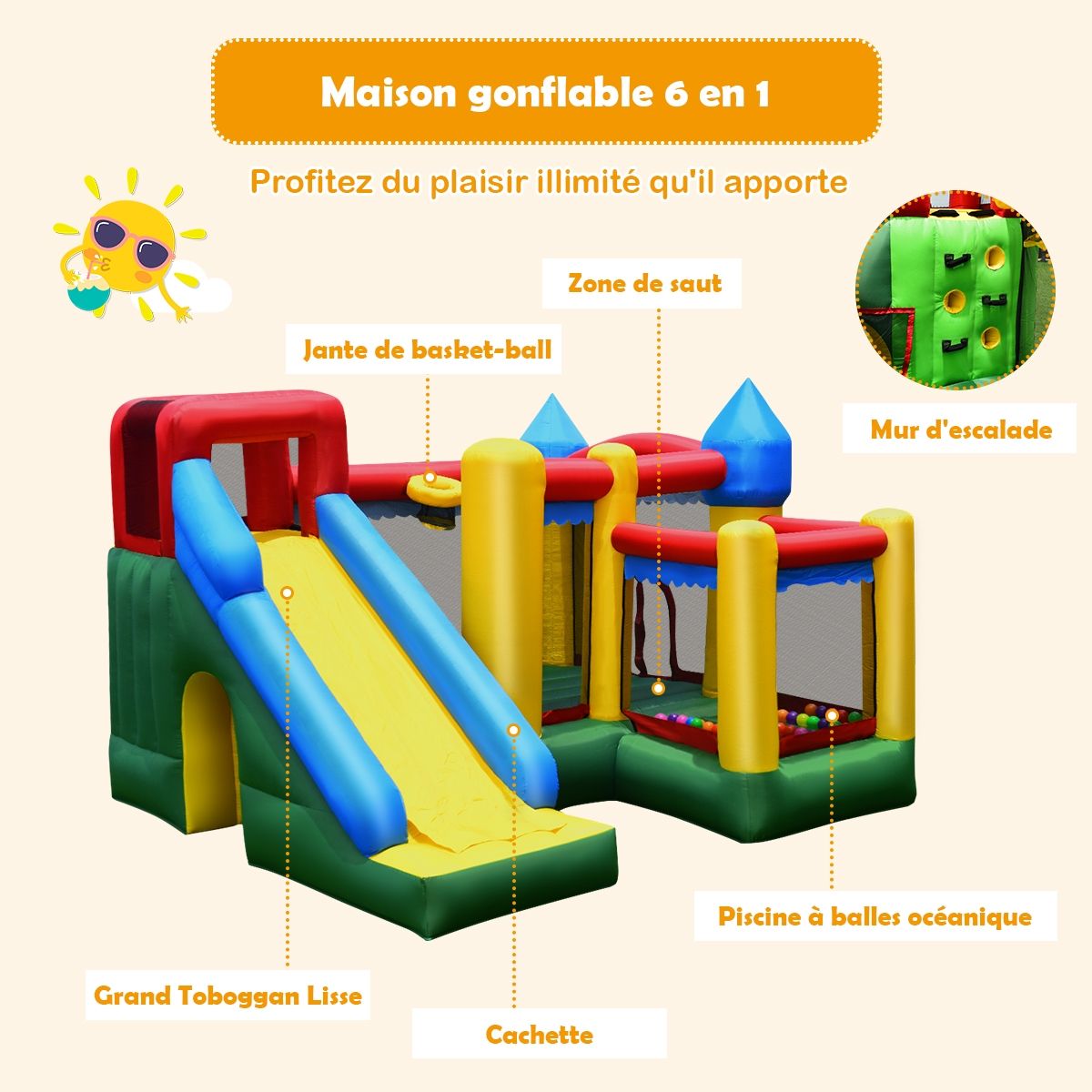 4-in-1 Inflatable Castle for Children 3-10 Years Old with Slide, Jumping Area, Climbing Wall, Basketball Hoop -