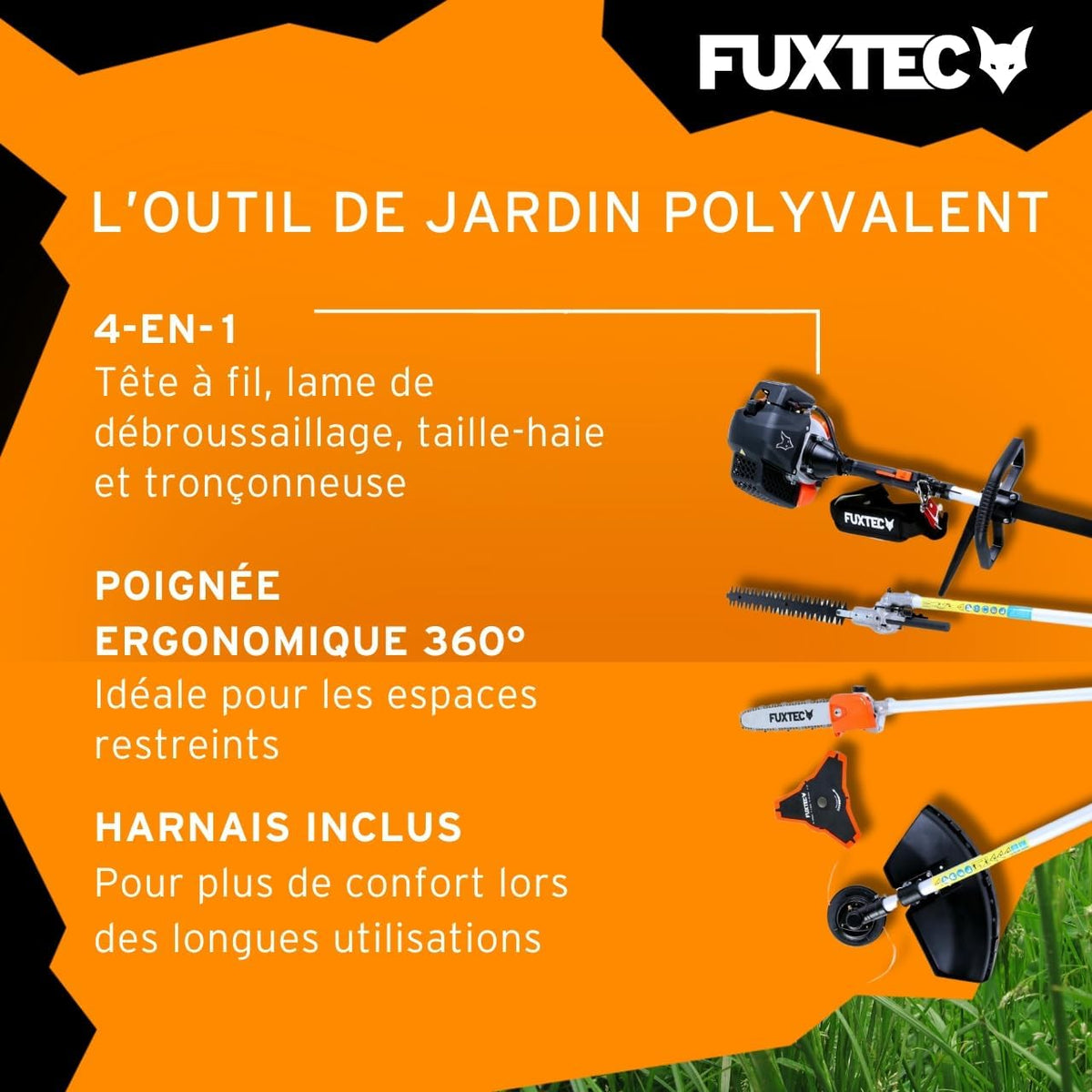 Fuxtec FX-MT152E 5-in-1 Multi-Tool Petrol Brush Cutter - Easy Starter, 3 HP, 52 cc, 2-Stroke Engine, Pruner, Hedge Trimmer, Edger with Cord or Blade, 1 Meter Extension