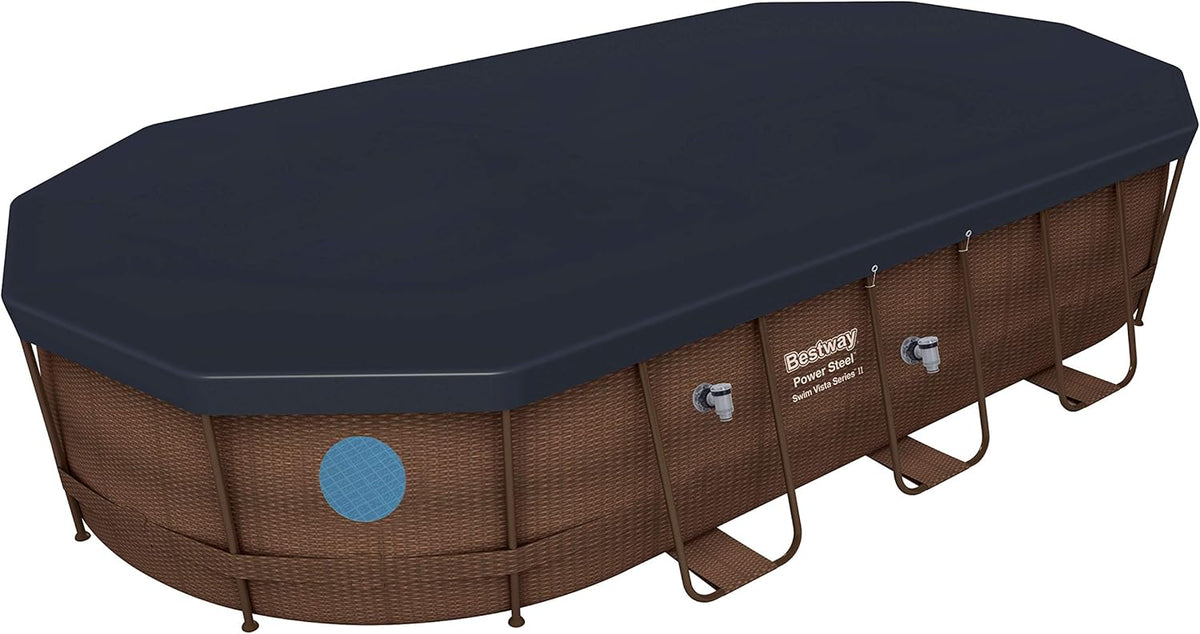 56946 Power Steel? Swim Vista oval pool 488 x 305 x 107 cm rattan pattern with portholes, sand filtration, ladder, cover and Chemconnect? diffuser