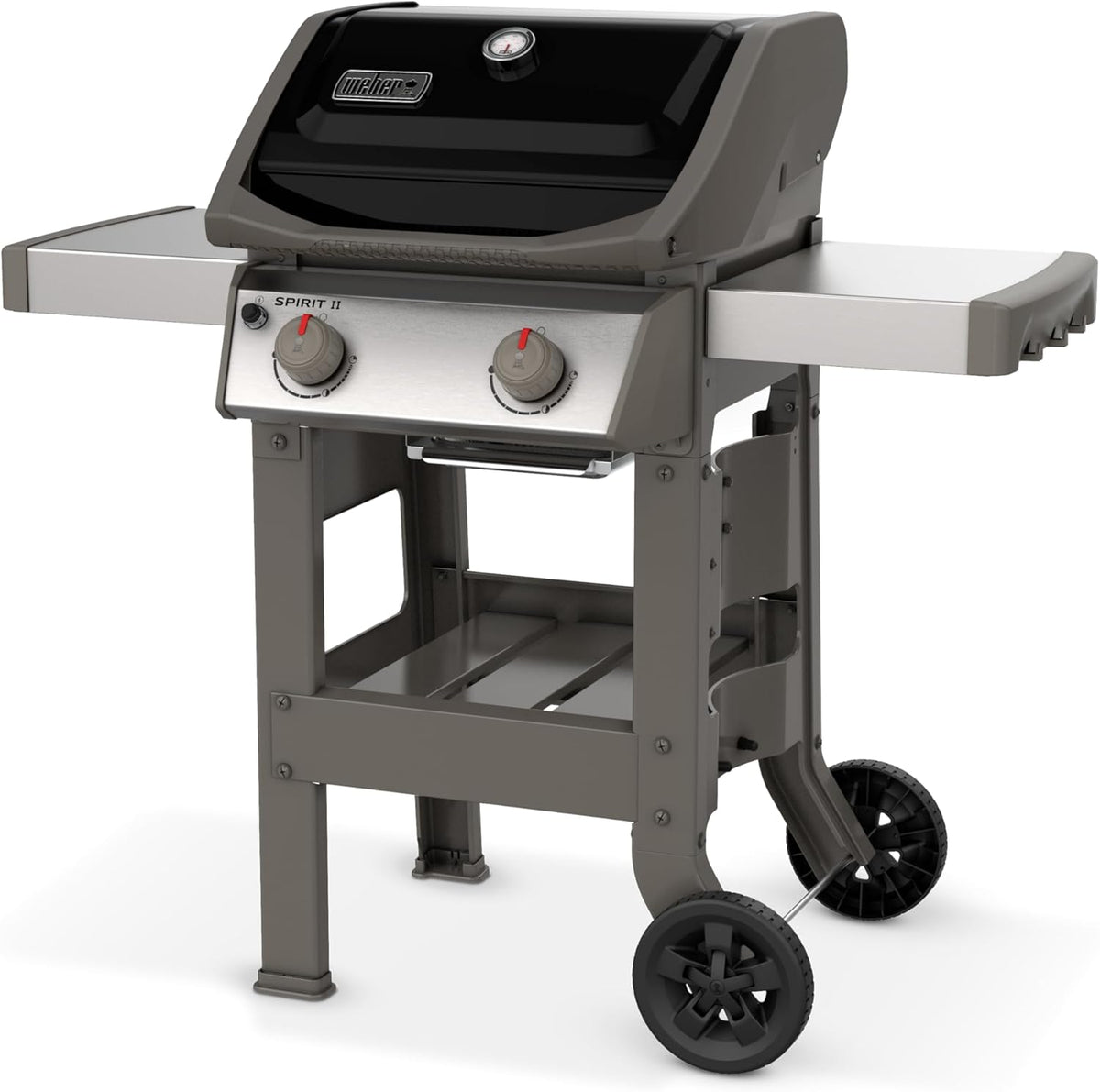 Spirit II E-210 GBS Gas Barbecue, 2 Burners, Cooking Surface 51 x 46 cm, Lid Thermometer, Folding Side Table (Left), 4 Wheels - Black and Silver (44010153)