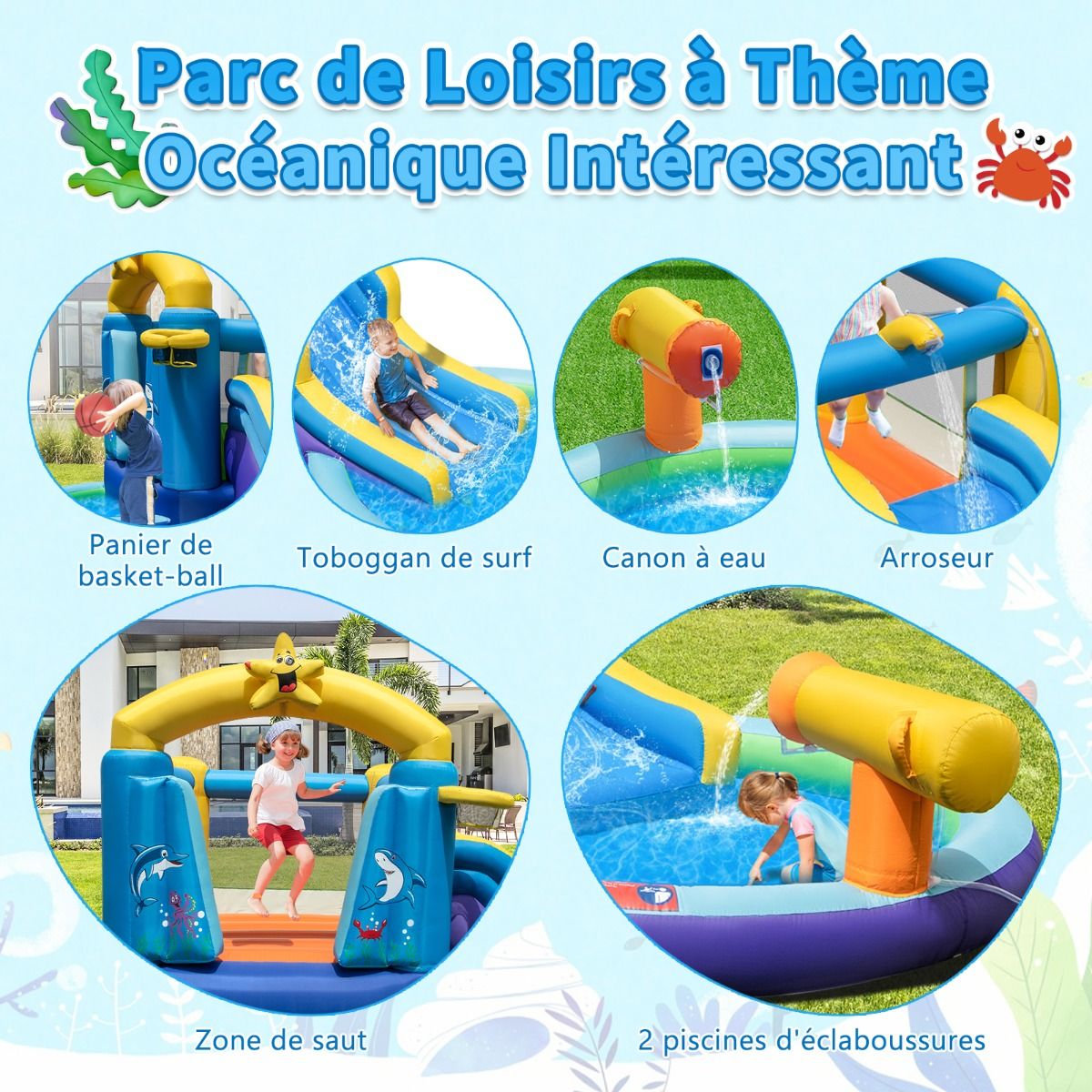 6-in-1 Ocean Inflatable Castle with 680W Blower, Water Slide & 2 Pools, Inflatable Bounce House, 90kg Load Capacity -