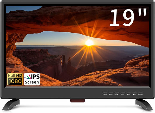 19 Inch TV, Full HD 1080P LED with Freeview T2/H.256 DTT Digital Receiver, 12v with HDMI, USB and RCA VGA input, Suitable for Bedroom, Kitchen, Camper Van (1920 * 1080)