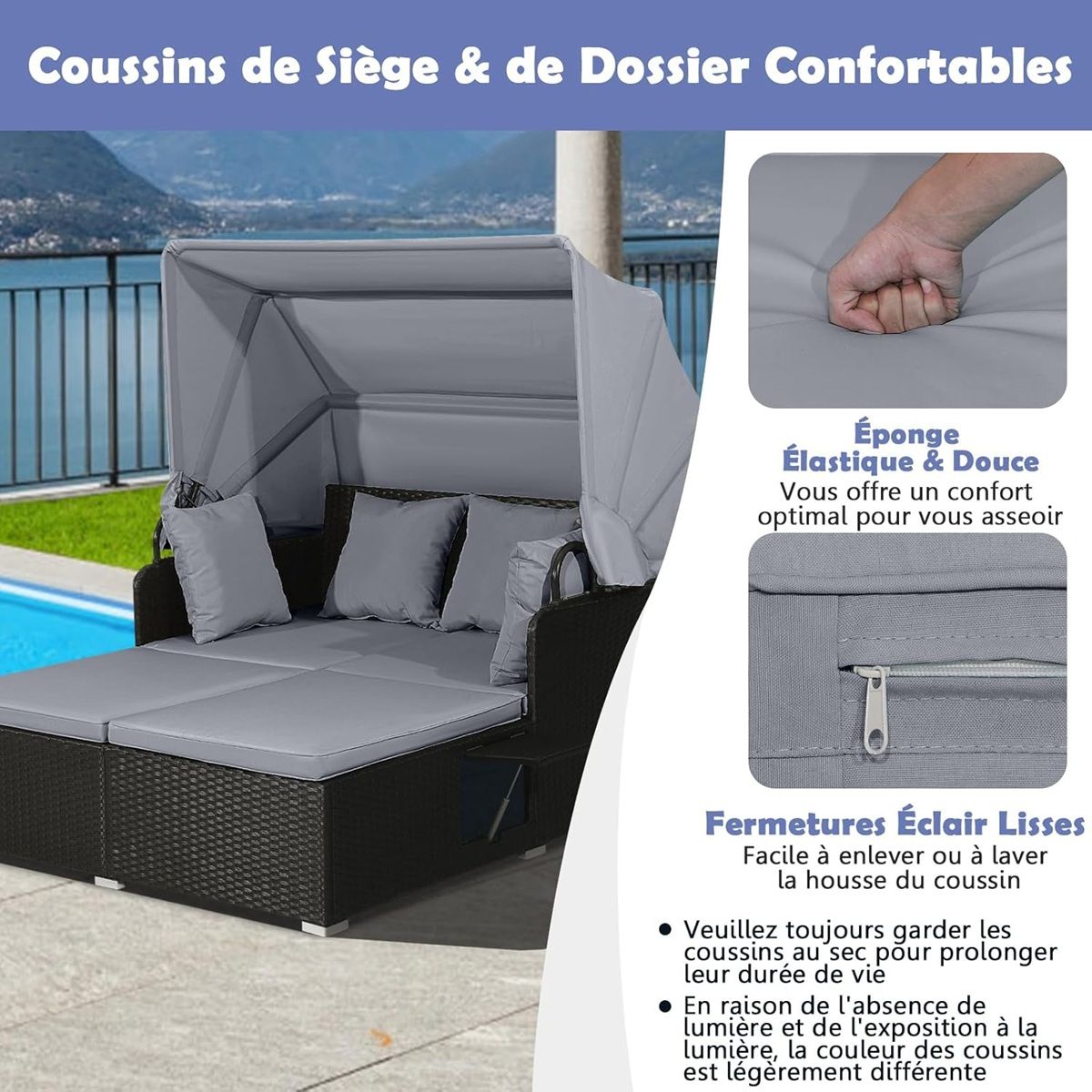 2-Seater Rattan Sun Lounger with Retractable Canopy, Sunbed with Folding Side Panels, 360KG Load Capacity, Beige/Grey