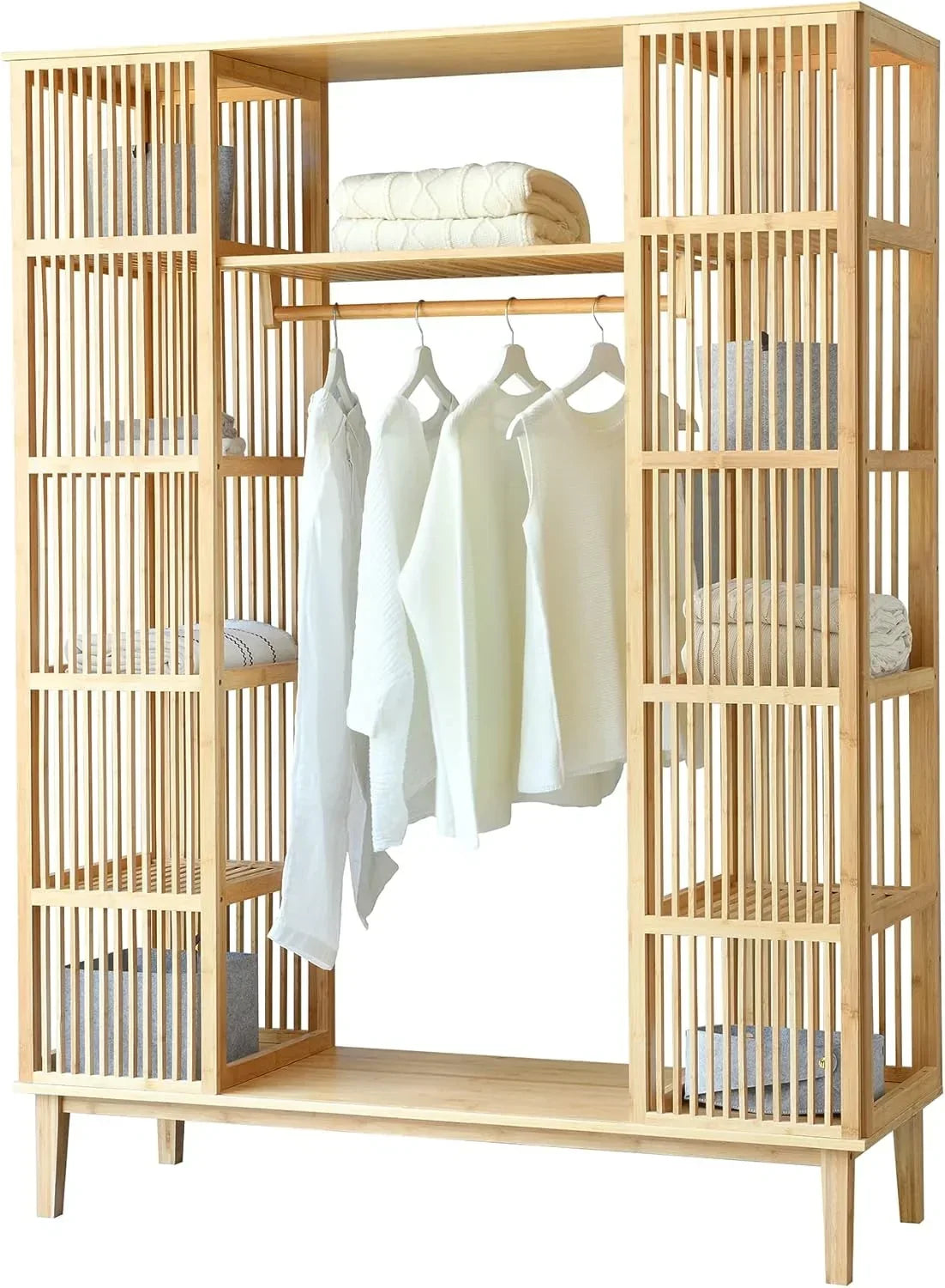 en.casa Armario para Ropa con 2 Puertas Deslizantes Clóset con 12 Estantes y 1 Barra de Colgar Perchero de Bambú 185 x 140 x 45 cm Natural