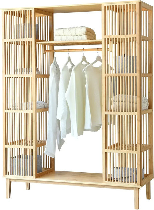 en.casa Armario para Ropa con 2 Puertas Deslizantes Clóset con 12 Estantes y 1 Barra de Colgar Perchero de Bambú 185 x 140 x 45 cm Natural