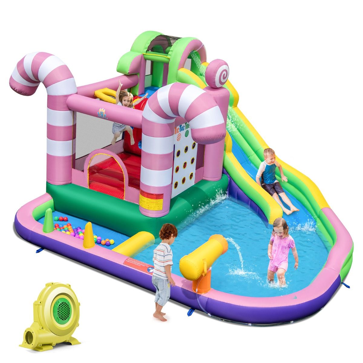 9-in-1 Candy-Shaped Inflatable Castle with Slide, Inflatable Jump House with Water Gun, 90kg Load Capacity for 2 Children Aged 3-10 Years -