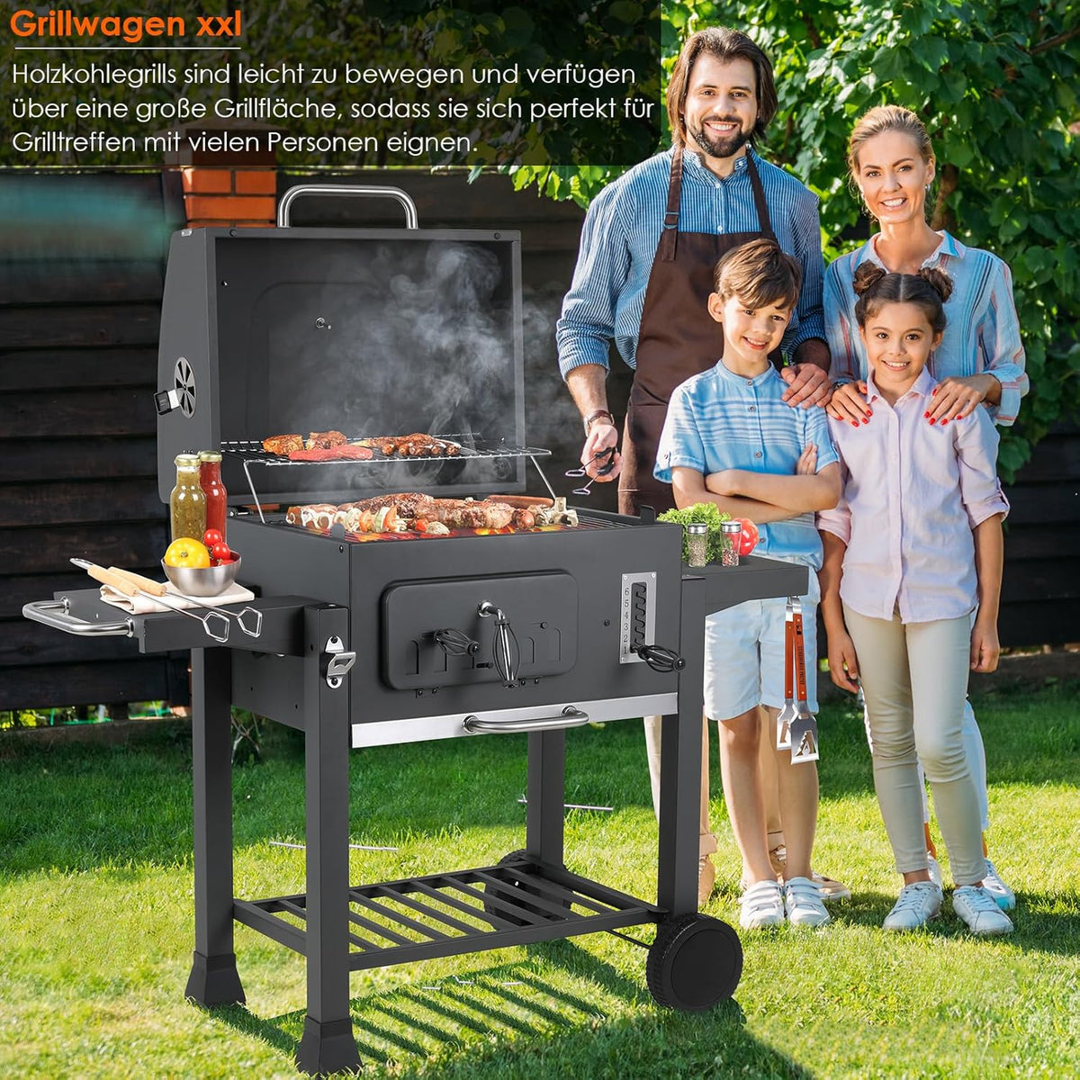 XL Charcoal Barbecue, Barbecue Cart, XL Charcoal Grill with Lid, Wheels and Thermometer, Height Adjustable, Large Charcoal Barbecue, for Camping and Garden, Black
