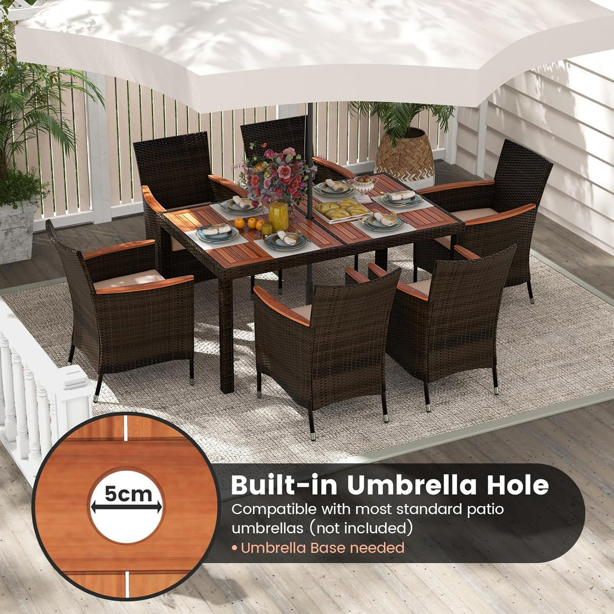 GIANTEX 6-Person Rattan and Acacia Wood Garden Furniture Set, Outdoor Garden Table with 6 Chairs, Cushions, Parasol Hole, Adjustable Legs, for Patio, Picnic, Brown