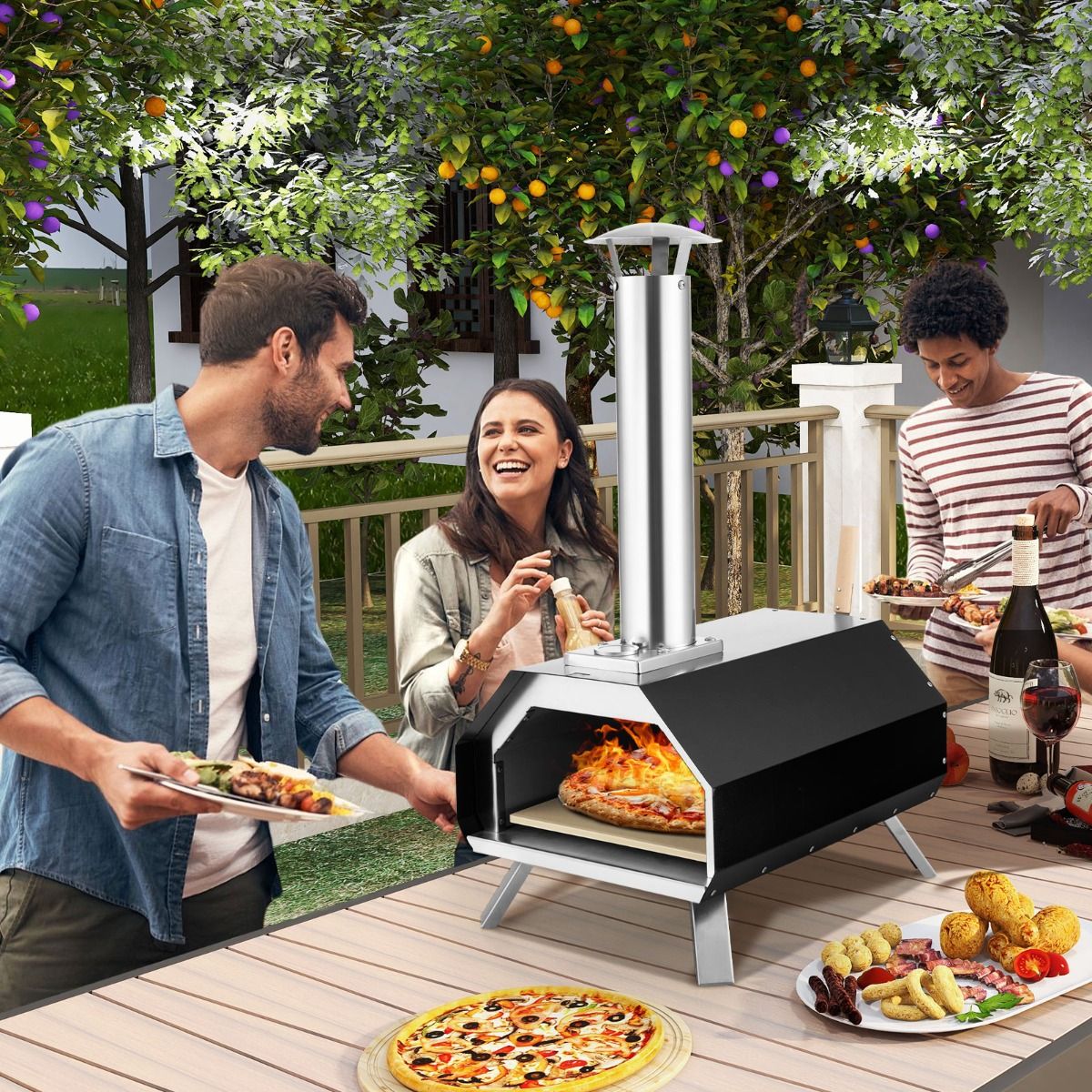 Outdoor Stainless Steel Pizza Oven with 30.5cm Pizza Stone, Wood-Fired Pizza Oven with Peel, Fireguard, and Folding Legs