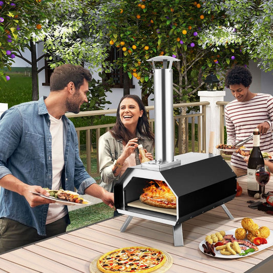Outdoor Stainless Steel Pizza Oven with 30.5cm Pizza Stone, Wood-Fired Pizza Oven with Peel, Fireguard, and Folding Legs
