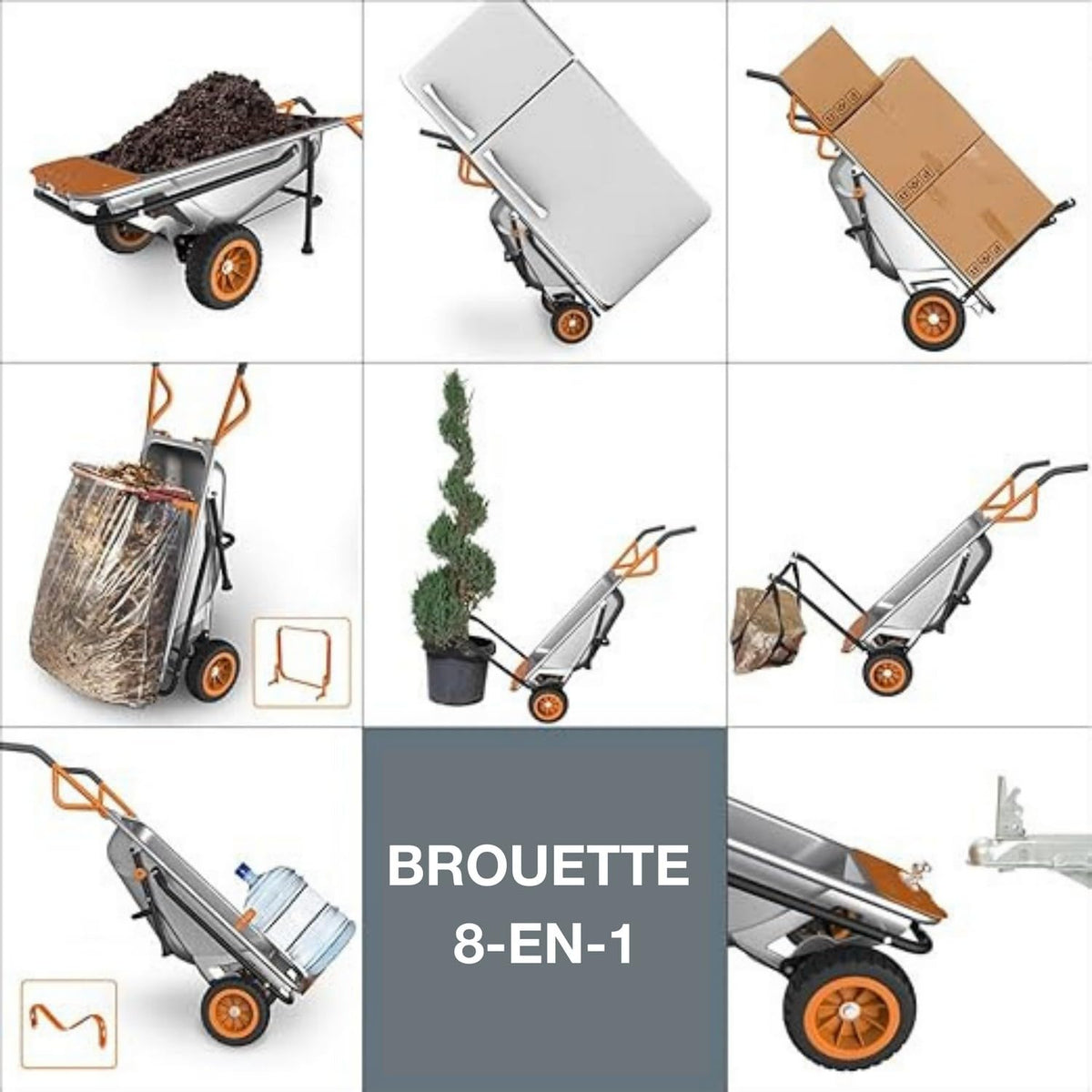 8-in-1 Wheelbarrow WG050E, Wheelbarrow, Rolling Cart, Forklift, Hand Truck, Bag Carrier, Plant Carrier, Tow Ball and Moving Equipment, Stone Carrier - Puncture-Proof Tires