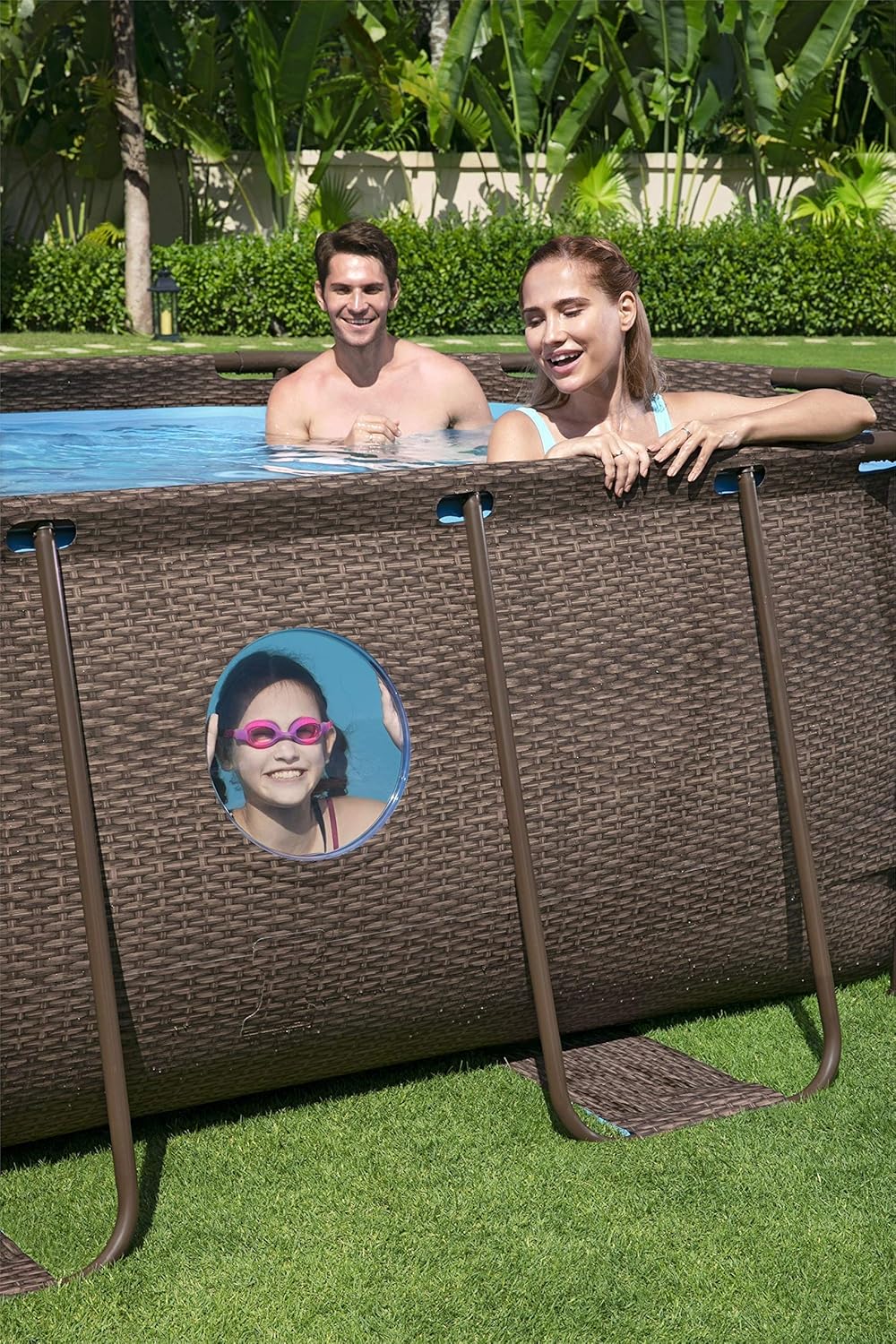 56946 Power Steel? Swim Vista oval pool 488 x 305 x 107 cm rattan pattern with portholes, sand filtration, ladder, cover and Chemconnect? diffuser