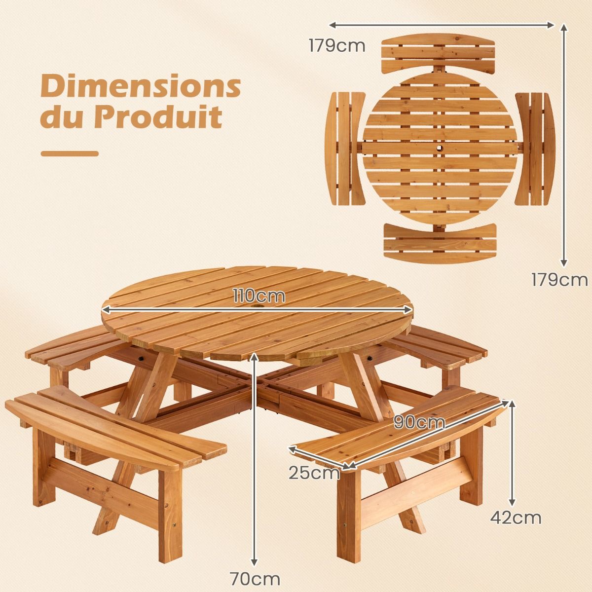 Wooden Picnic Table Set for 2 to 8 People, Circular Table and Bench Set with 4 Integrated Benches, 5cm Parasol Hole, Brown/Yellow -