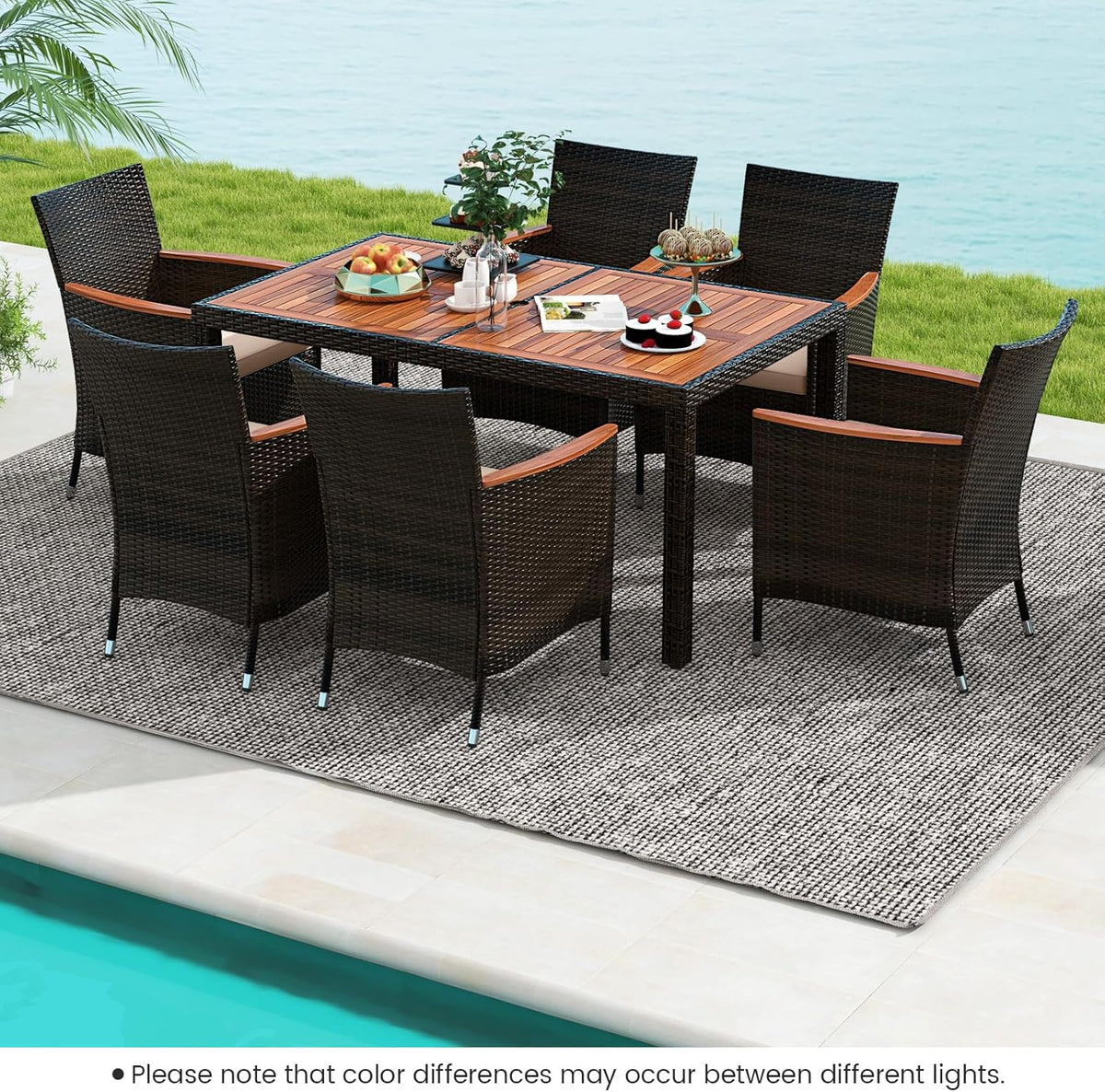 GIANTEX 6-Person Rattan and Acacia Wood Garden Furniture Set, Outdoor Garden Table with 6 Chairs, Cushions, Parasol Hole, Adjustable Legs, for Patio, Picnic, Brown