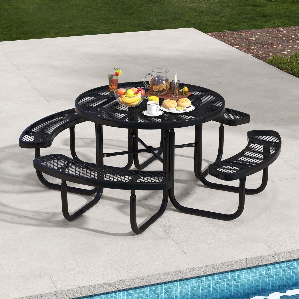 Round Picnic Table with 4 Built-in Benches for 8 People, Metal Camping Table with Seats and Parasol Hole, 202x75cm, Black