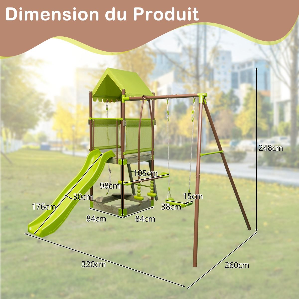 7-in-1 Metal Swing Set with Height-Adjustable Covered Fort, Climbing Rope, Sandpit, Slide, and Wavy Slide (Green)