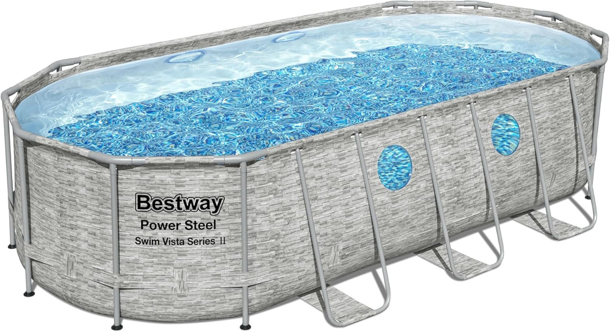 56946 Power Steel? Swim Vista oval pool 488 x 305 x 107 cm rattan pattern with portholes, sand filtration, ladder, cover and Chemconnect? diffuser