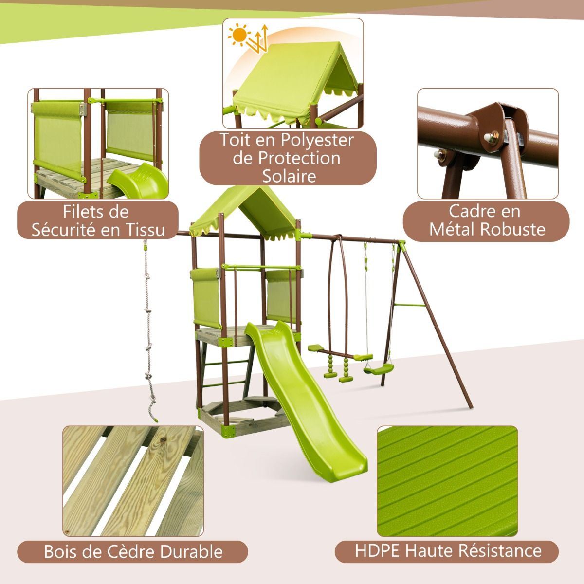 7-in-1 Metal Swing Set with Height-Adjustable Covered Fort, Climbing Rope, Sandpit, Slide, and Wavy Slide (Green)