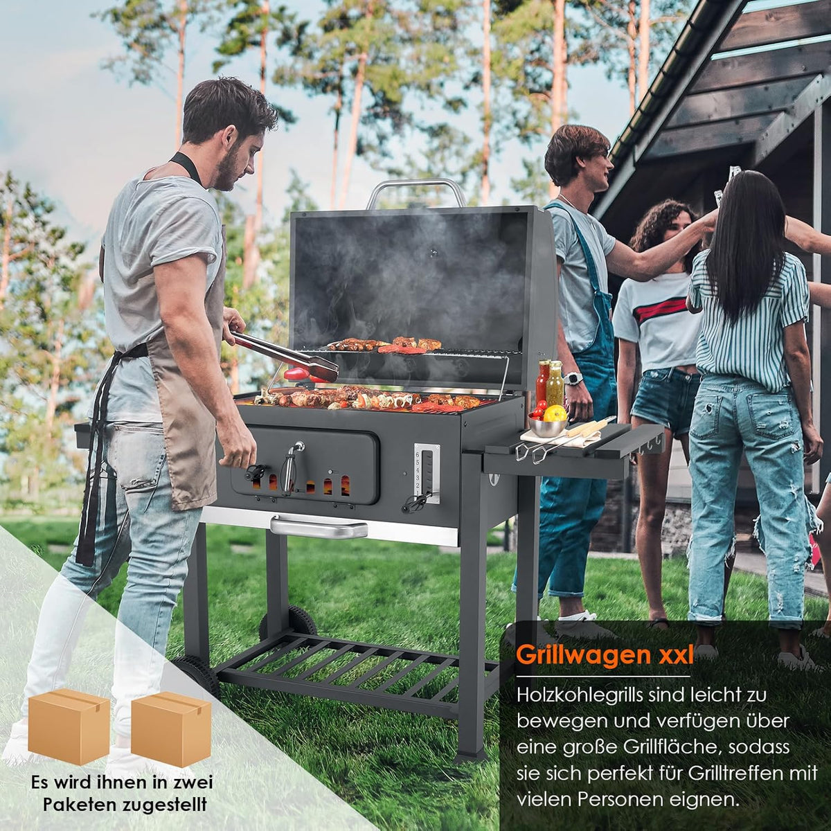 XL Charcoal Barbecue, Barbecue Cart, XL Charcoal Grill with Lid, Wheels and Thermometer, Height Adjustable, Large Charcoal Barbecue, for Camping and Garden, Black