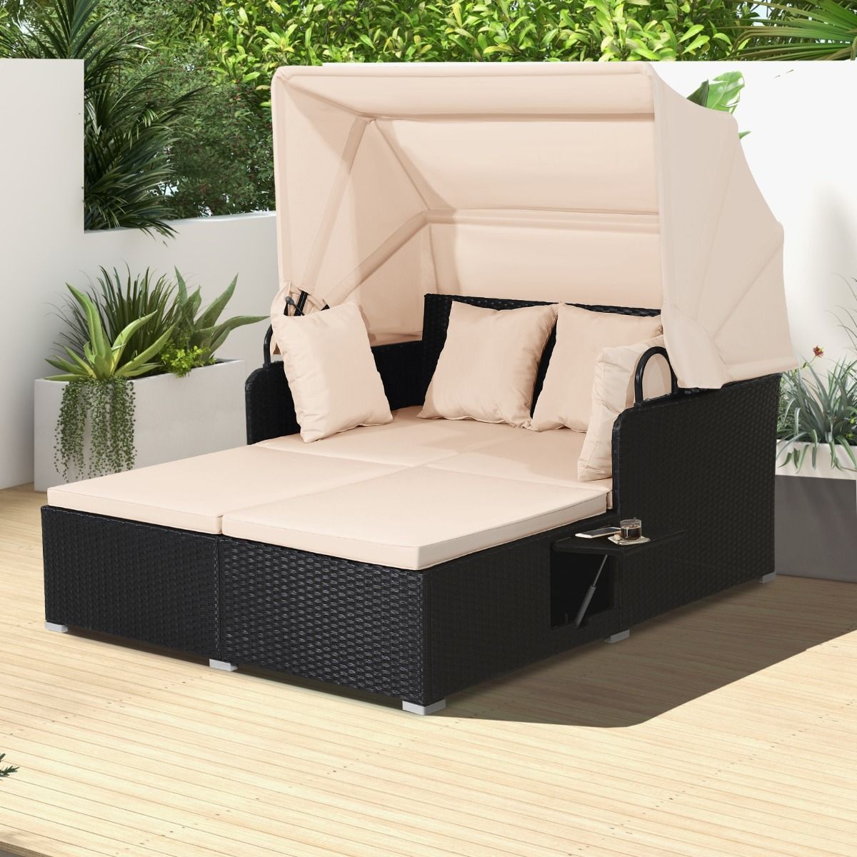 2-Seater Rattan Sun Lounger with Retractable Canopy, Sunbed with Folding Side Panels, 360KG Load Capacity, Beige/Grey