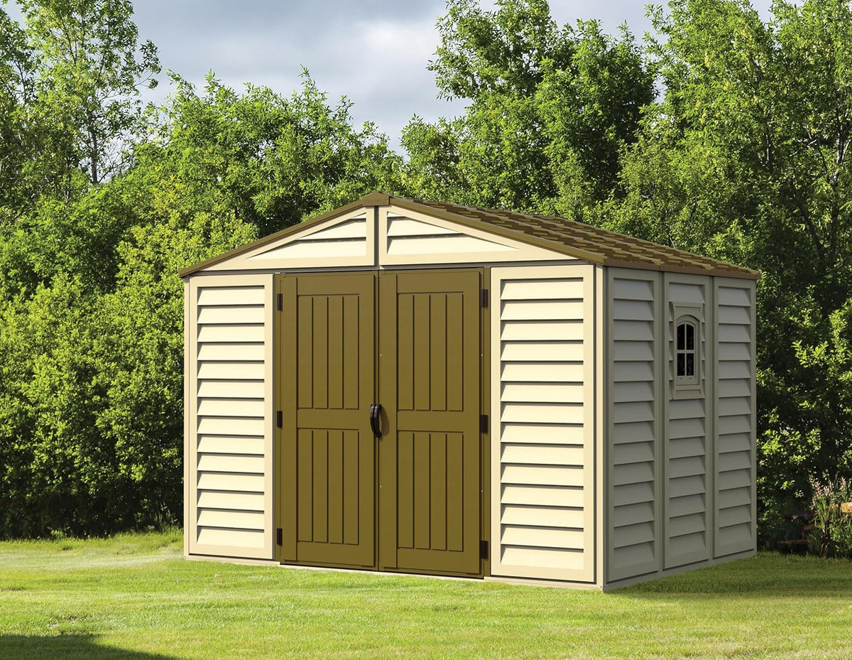 Duramax WoodBridge Plus 10 x 8 (7.64 m2) Plastic Garden Shed with 1 Fixed Window and Metal Foundation Kit, Sturdy Metal Roof Structure and Maintenance-Free Garden Shed - Ivory/Brown