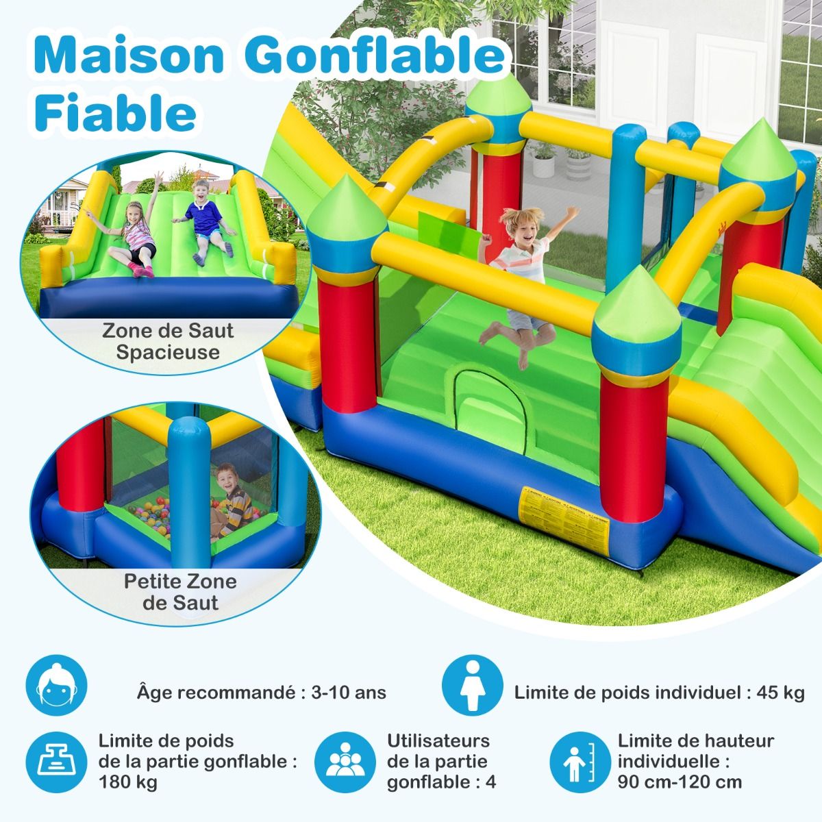 Inflatable Castle for 4 Children with 2 Slides, Tunnels, Bounce Zone, Climbing Wall, Obstacles, Playhouse with 680W Blower -