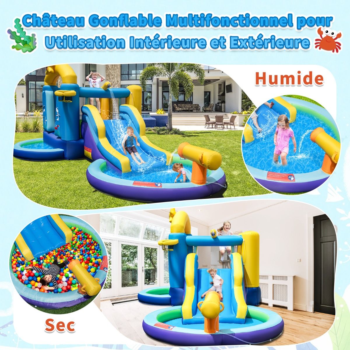 6-in-1 Ocean Inflatable Castle with 680W Blower, Water Slide & 2 Pools, Inflatable Bounce House, 90kg Load Capacity -