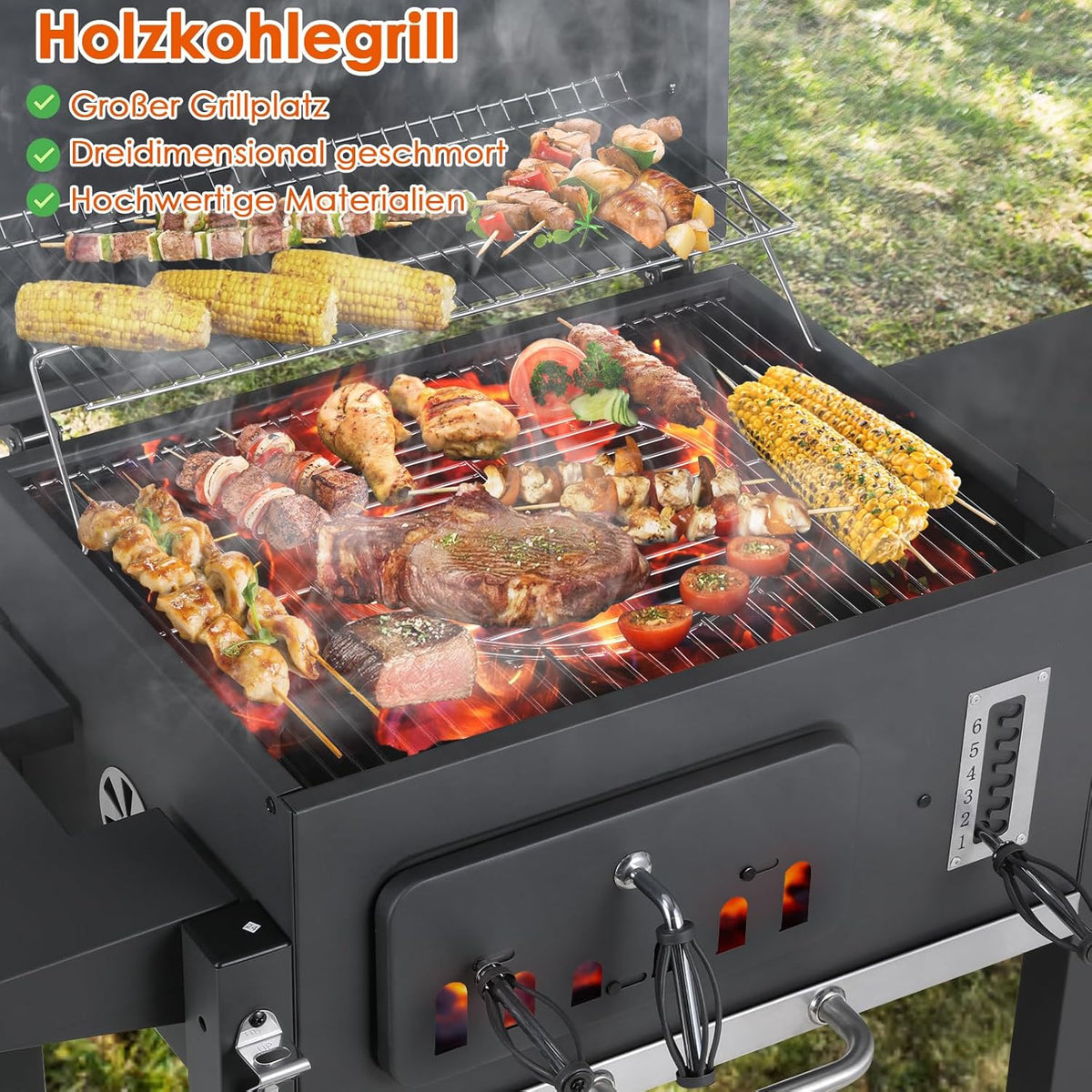 XL Charcoal Barbecue, Barbecue Cart, XL Charcoal Grill with Lid, Wheels and Thermometer, Height Adjustable, Large Charcoal Barbecue, for Camping and Garden, Black