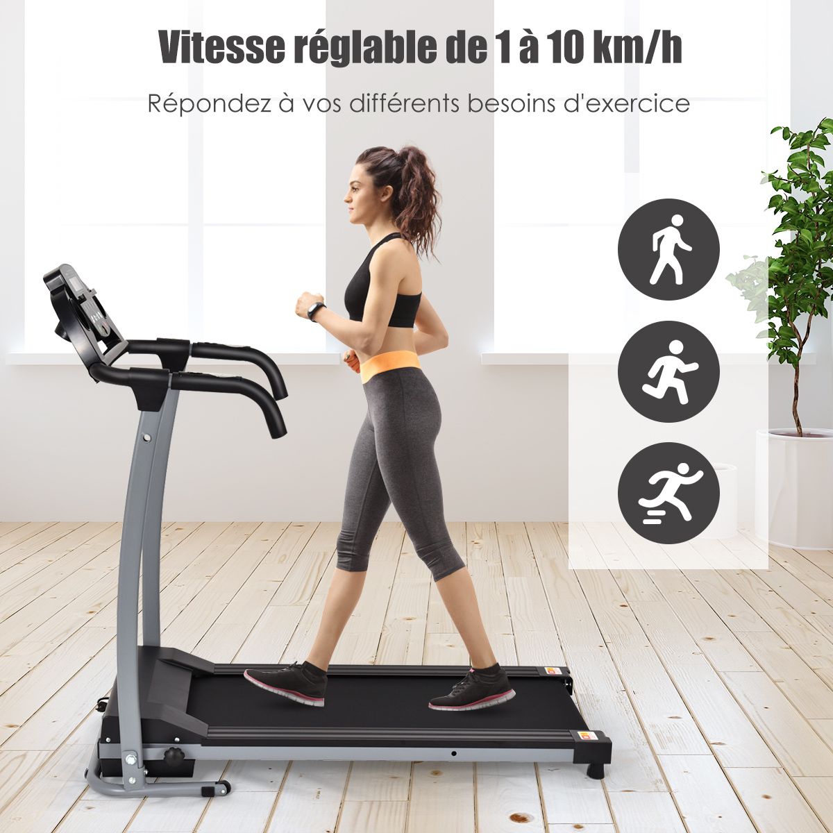Foldable Electric Treadmill with Screen and Heart Rate Monitor with Speed from 1 to 10 km/h and 12 Programs - Black