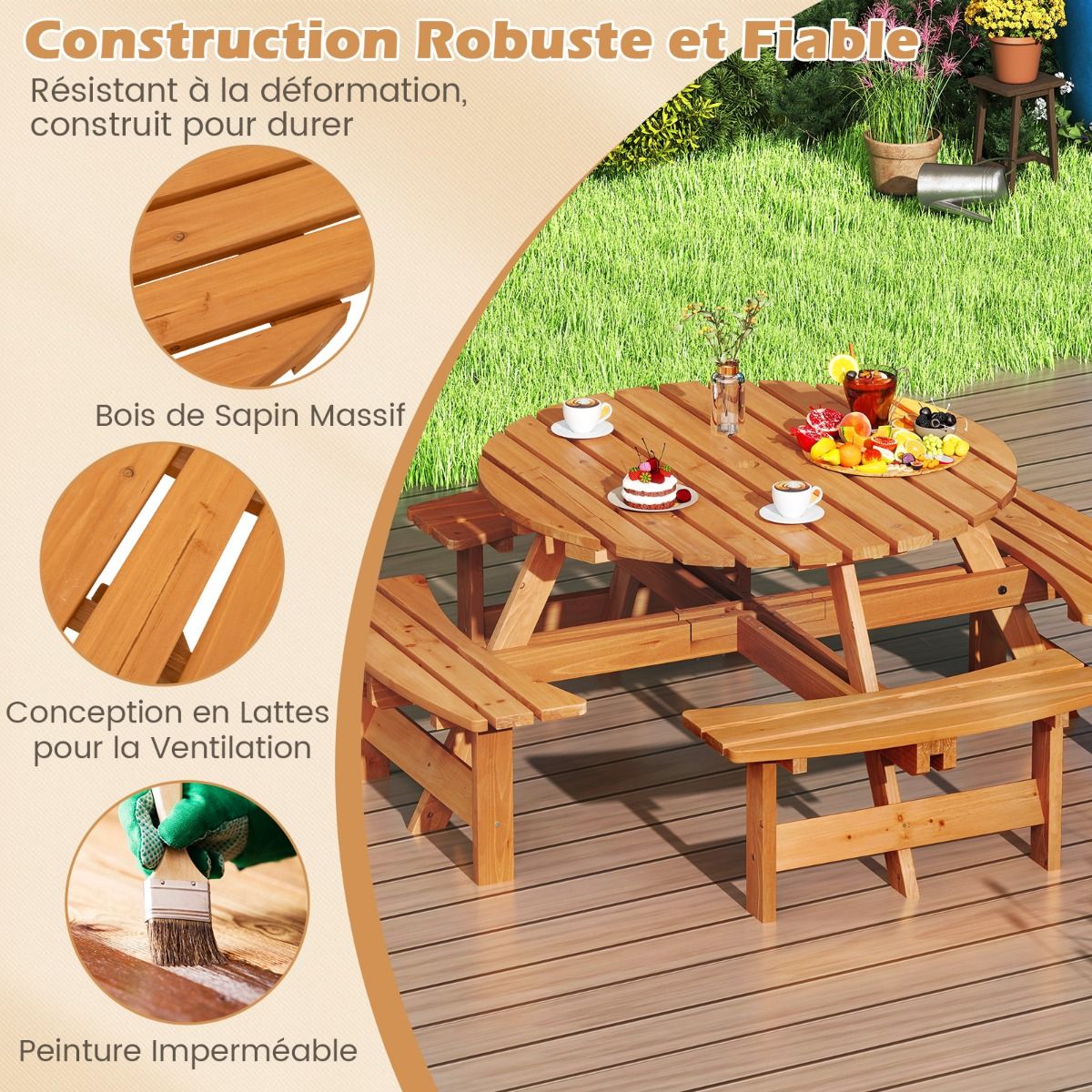 Wooden Picnic Table Set for 2 to 8 People, Circular Table and Bench Set with 4 Integrated Benches, 5cm Parasol Hole, Brown/Yellow -