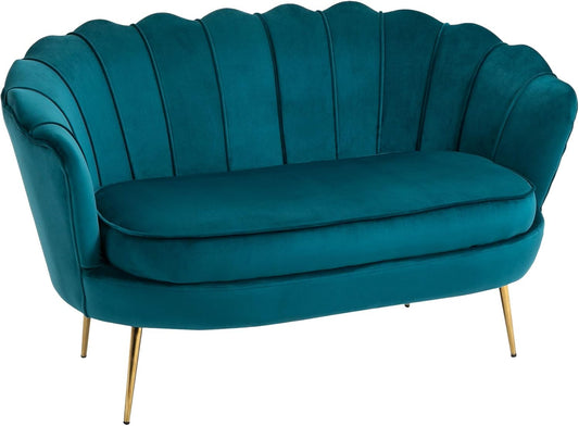 HOMCOM 2-Seater Velvet Fabric Sofa, Small Sofa, Shell Shape, with 10cm Thick Cushion, Metal Frame, Tapered Gold Legs, Easy to Assemble, Duck Blue