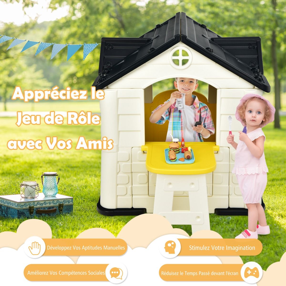 Chef House - Burger Bar Theme - UV-Resistant Plastic Garden Shed Picnic Table 164x124x132 cm Blue/Pink/Yellow -