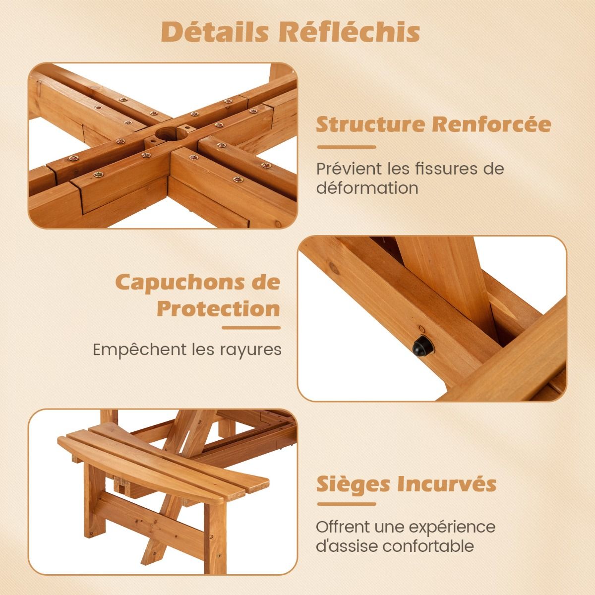 Wooden Picnic Table Set for 2 to 8 People, Circular Table and Bench Set with 4 Integrated Benches, 5cm Parasol Hole, Brown/Yellow -