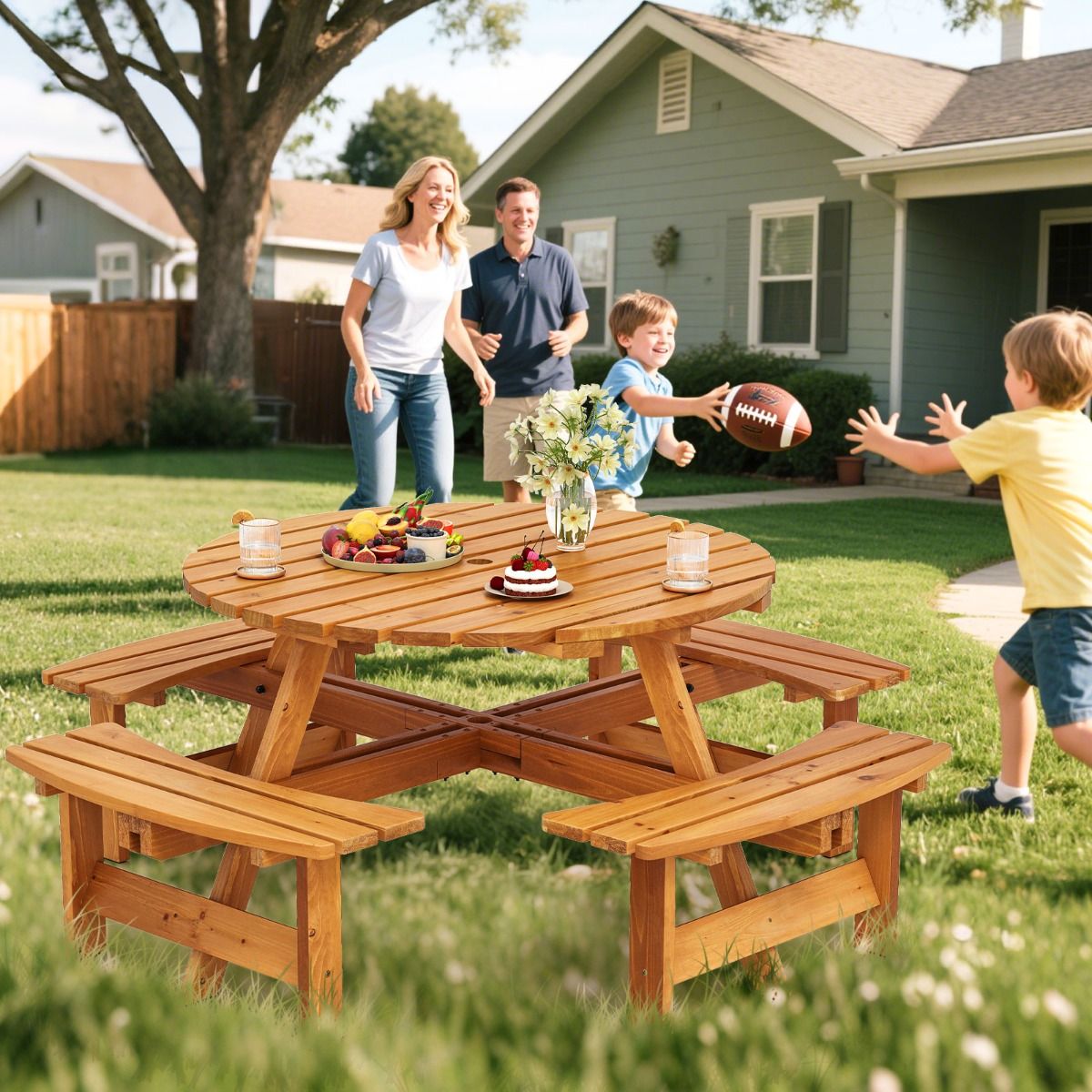 Wooden Picnic Table Set for 2 to 8 People, Circular Table and Bench Set with 4 Integrated Benches, 5cm Parasol Hole, Brown/Yellow -