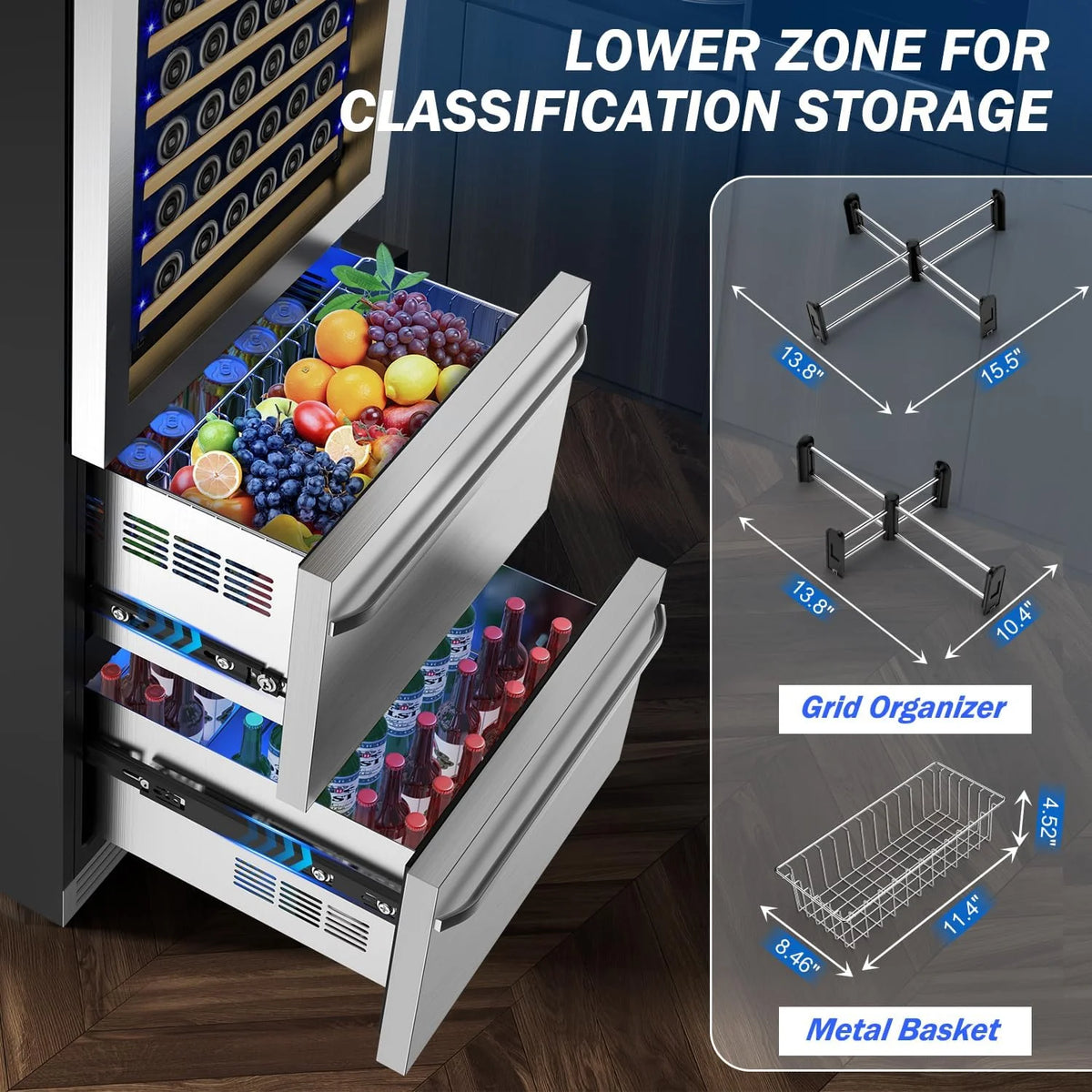 24 Inch Dual Drawer Fridge Under Counter with Wheels, Outdoor Beverage Refrigerator for Patio, Stainless Steel Weather-Proof, Freestanding or Built-In Installation, Ideal for Home and Commercial Use