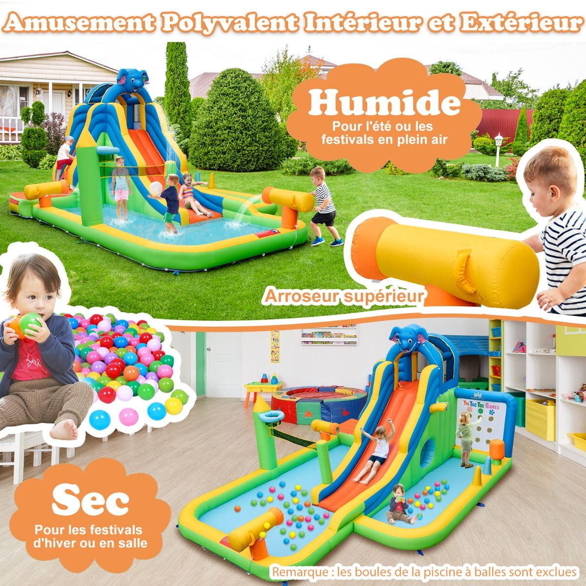 Giant Inflatable Water Slide for Children, Safe Splash Pool, Climbing Wall, Water Cannons, Ring Toss, Hoop (Blower Not Included), Multicolored