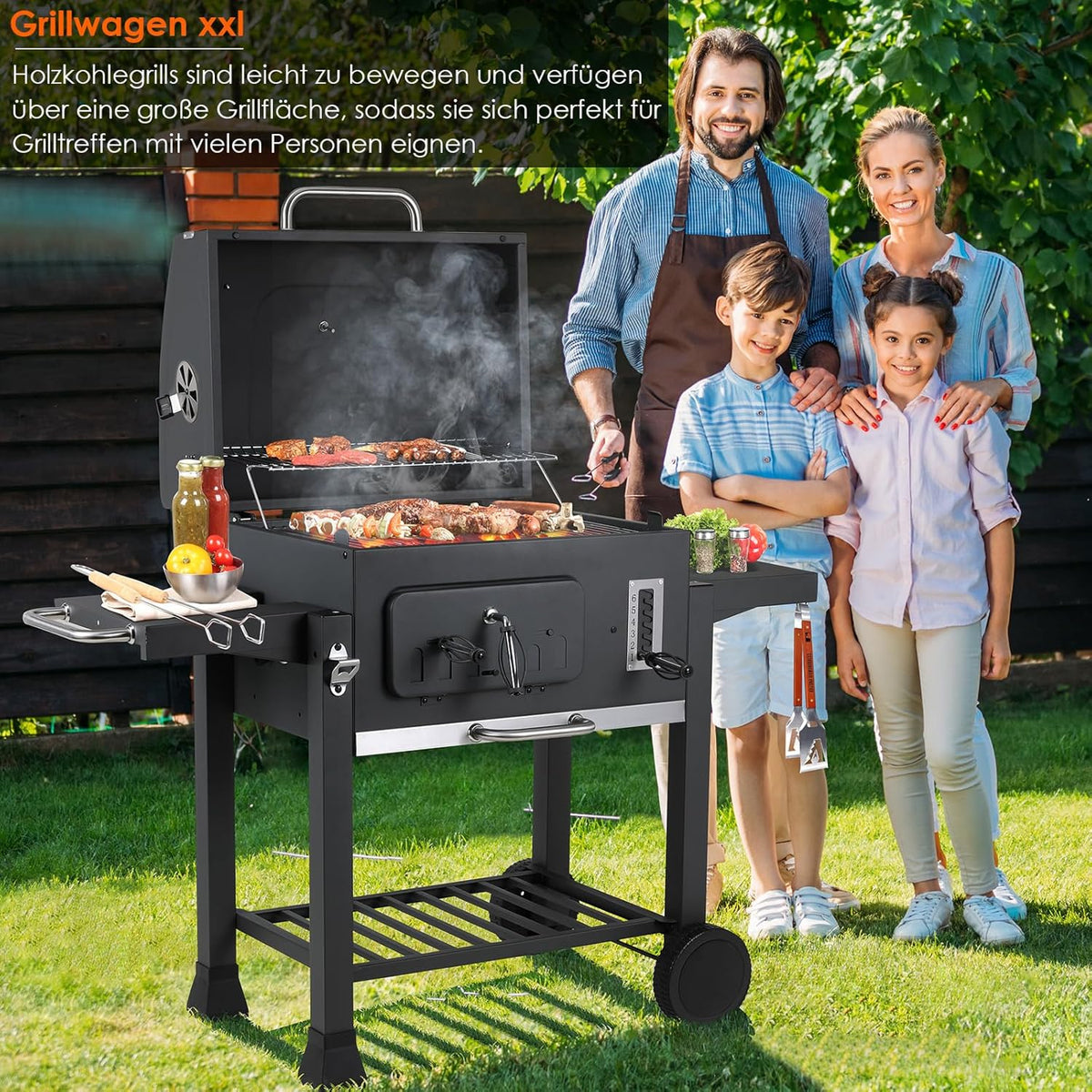 XL Charcoal Barbecue, Barbecue Cart, XL Charcoal Grill with Lid, Wheels and Thermometer, Height Adjustable, Large Charcoal Barbecue, for Camping and Garden, Black
