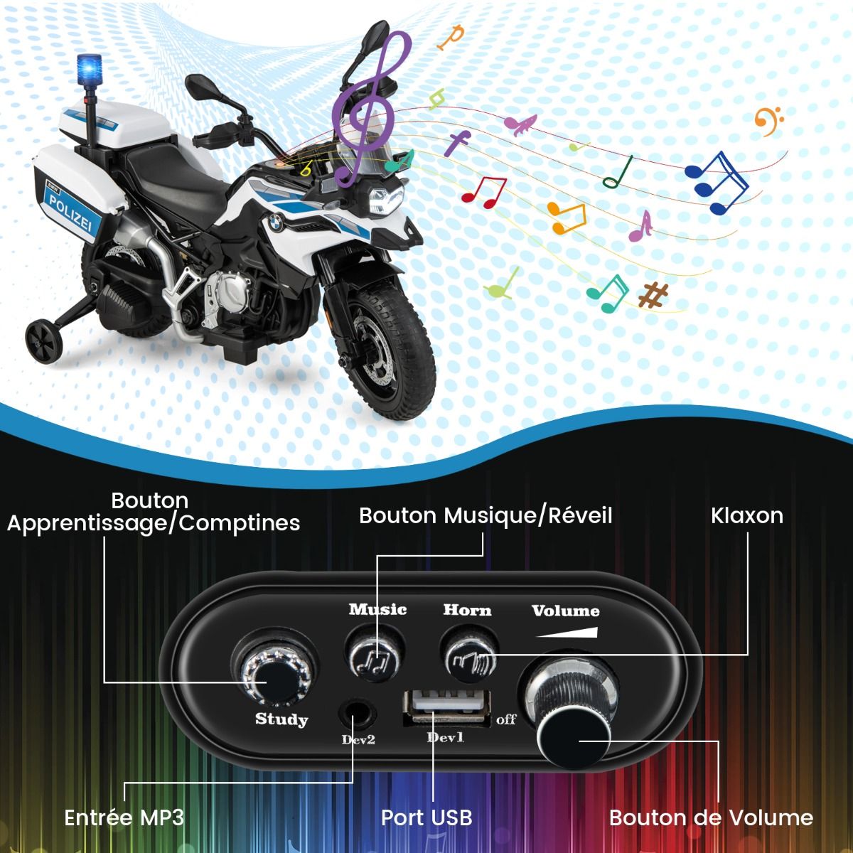 12V/7AH Electric Motorcycle for Children, 6km/h, Police Model with Horn, Music, Siren, Headlights, for Ages 3-8