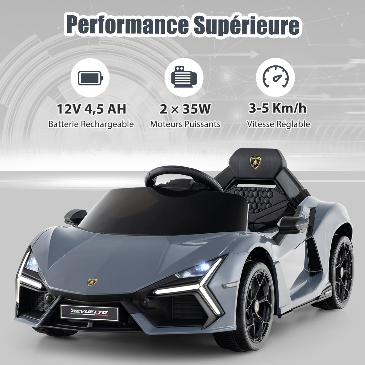 Revuelto Licensed 12V Electric Ride-On Car for Children with Remote Control and Hydraulic Doors, Suitable for Ages 37-95 Months, Grey/Orange
