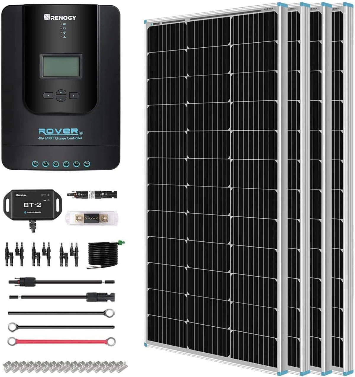 400 Watt 12 Volt Premium 4 Pcs 100W Panel+40A MPPT Charge Controller+ Bluetooth Module Fuse+ Mounting Z Brackets+Adaptor Kit +Tray Cables Set, 400W, Grid 12V Solar Power System