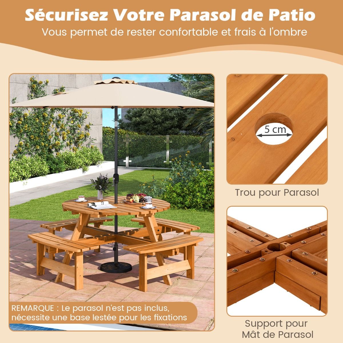 Wooden Picnic Table Set for 2 to 8 People, Circular Table and Bench Set with 4 Integrated Benches, 5cm Parasol Hole, Brown/Yellow -
