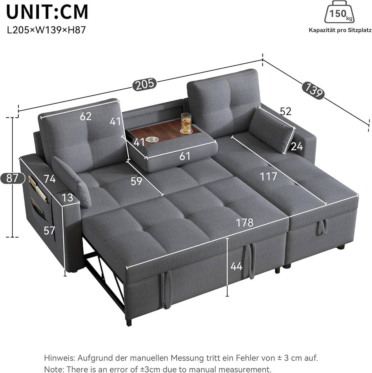 Zubaliya L-Shaped Convertible Sofa, 2-Seater Convertible Sofa Bed in Grey, 3-Seater Sofa with Pull-Out Bed and Sleeping Function, Equipped with Storage Space